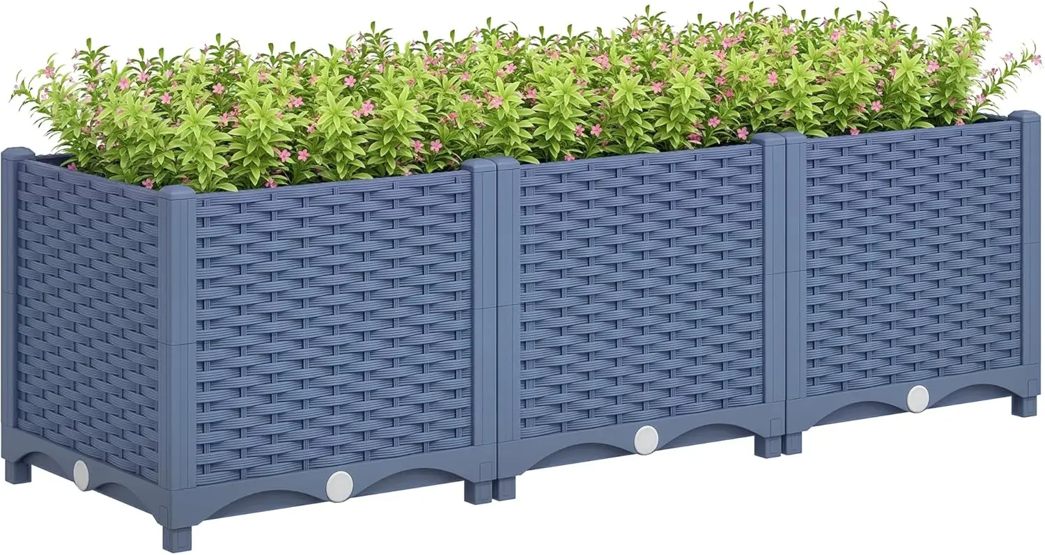 

4 x 1 x 1 ft Raised Garden Bed, Indoor Outdoor Plastic Planter Box with Drainage Holes, Drain Plugs and Water Reservoirs for Veg