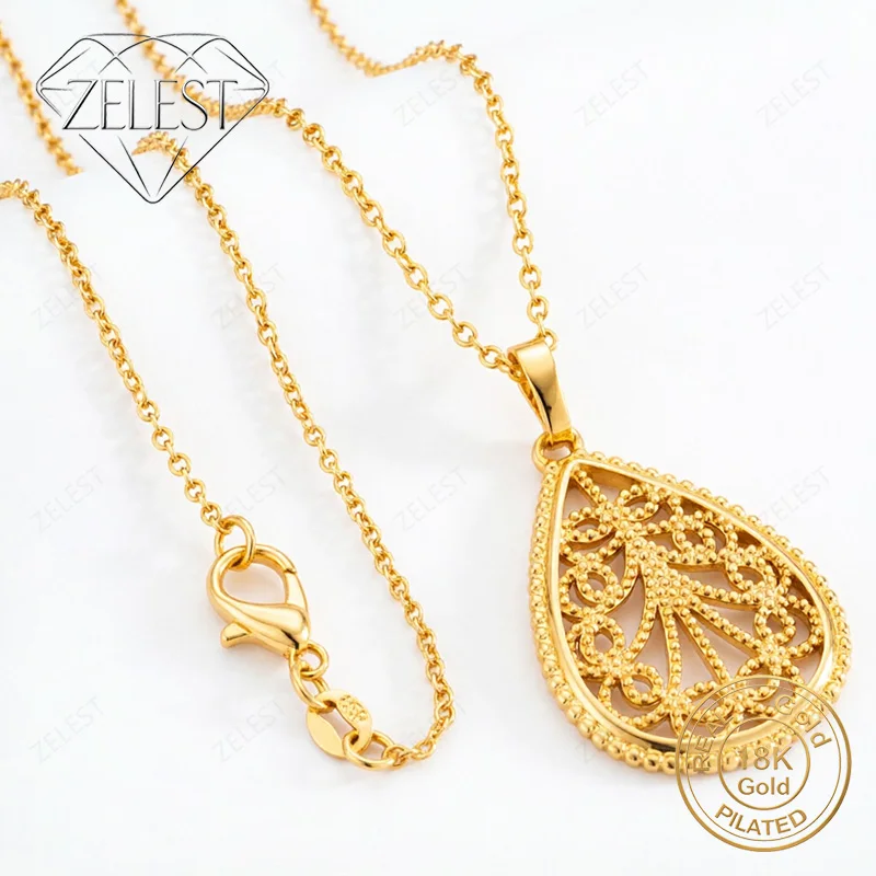 18K Gold Plated 16-30 Inch Delicate Openwork Teardrop Pendant Necklace, Fashionable Women's Wedding Gift Jewelry