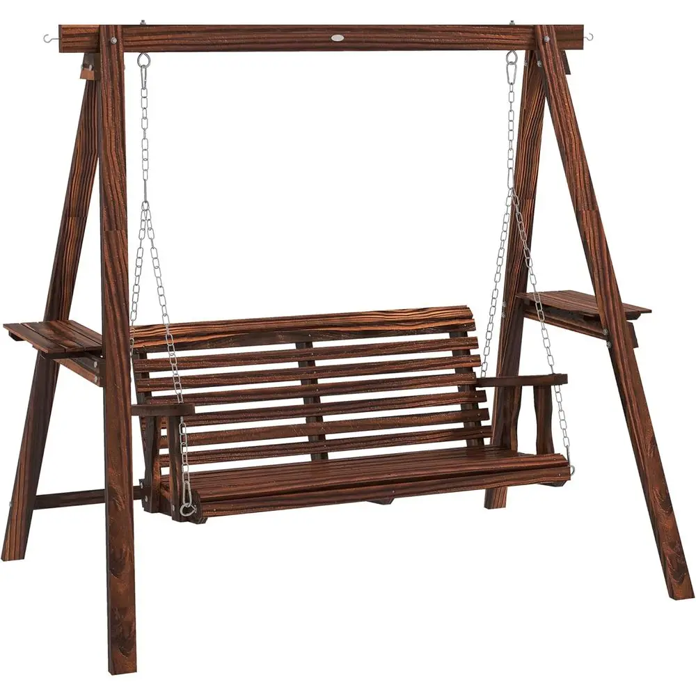 

2-Person Wooden Swing Chair with Side Tables, Outdoor Hanging Bench for Patio, Garden, Poolside, Backyard, Carbonized Finish