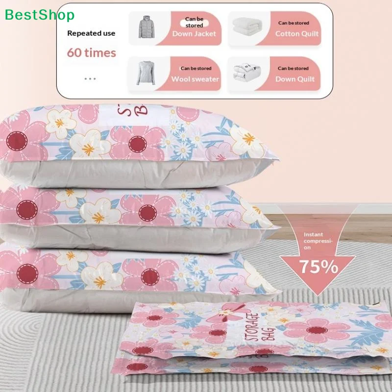 ☆ Vakuum-Aufbewahrungsbeutel mit Blumenmuster – Wiederverwendbare Kompressionsbeutel für Bettwäsche, Kleidung und Steppdecken