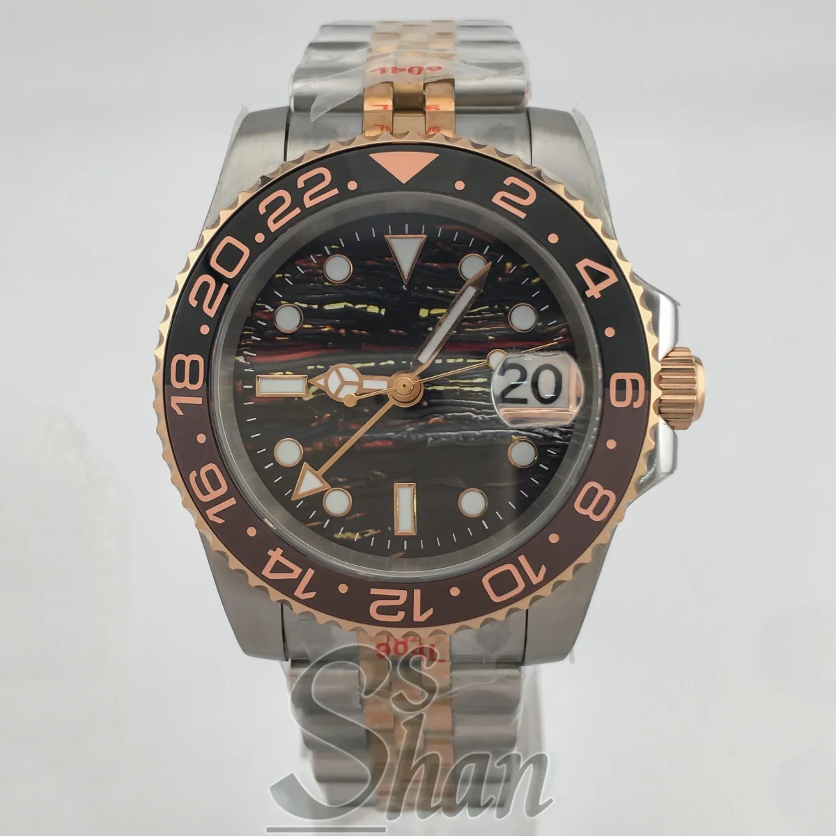 NH34 40mm dos tonos oro rosa GMT reloj automático NH34 de lujo para hombres cristal de zafiro abertura para fecha reloj luminoso con bisel de cerámica