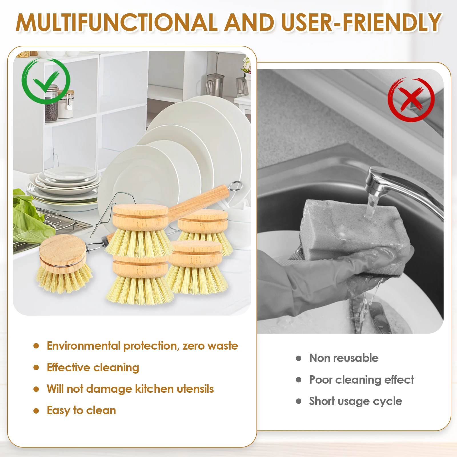 4/5Pcs Bamboo Dish Scrub Brushes Replaceable dish brush Kitchen Wooden Cleaning Scrubbers Household Cleaning Brush Cleaning Tool