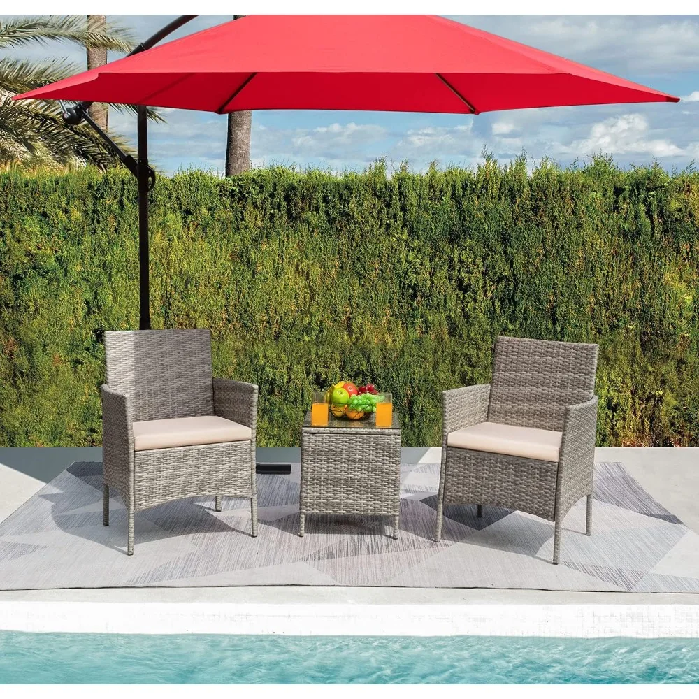 Outdoor PE Rattan Wicker Cadeiras com almofada macia e mesa de café de vidro, Mobiliário Pátio Sets, 3 Pcs