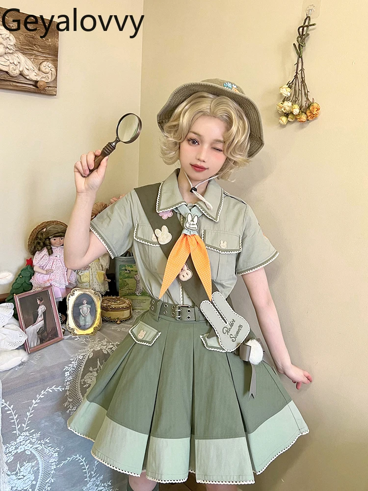 

Summer Sweet Cute Girl Lolita Short Sleeve Single-Breasted Shirt and High-Waisted Slim Pleated Skirt Student Versatile Set