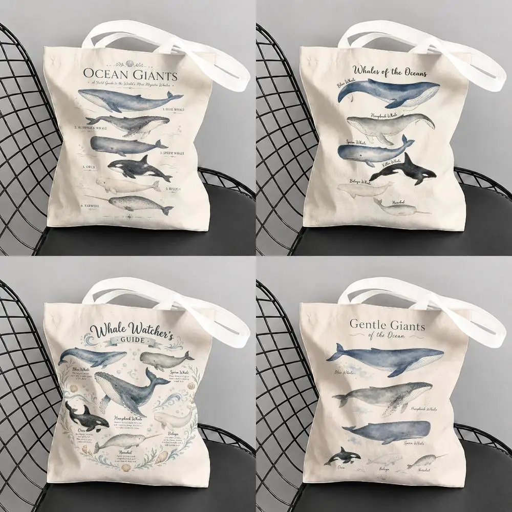 Ocean Whale Storage Bags Large Capacity Canvas Tote Bag Double-Sided Print Shoulder Handbag for Daily Shopping