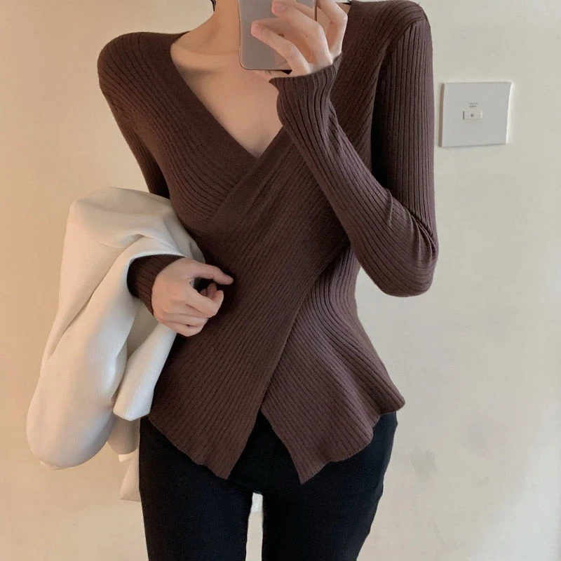 Women Korean Fashion V Neck Cross Asymmetrical Design Knitted Sweater Autumn Winter Solid Long Sleeve Slim Pullover Tops Jumpers