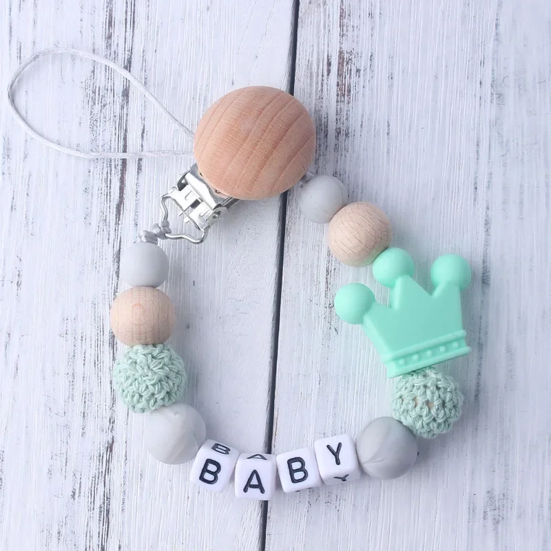 NEW Custom Personalized Name Pacifier Clip Handmade Beech Wooden Chain Silicone Crown Holder Soother Baby Teething Toy Chew Gift