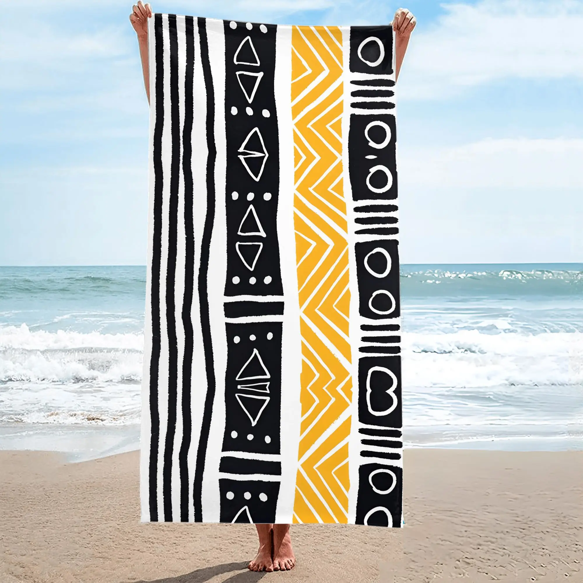 Retro Tribal Geometric Totem Theme polyester microfiber beach towel is highly absorbent, suitable for swimming and beach outings