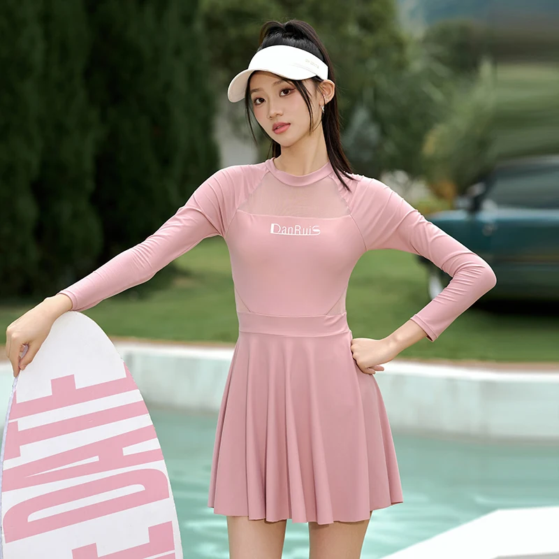 

2024 Ladies Swimming Suit One Piece Long Sleeves Beach Wear Padded Plus Size Pure Color Bathing Suit Sports Wear SUmmer