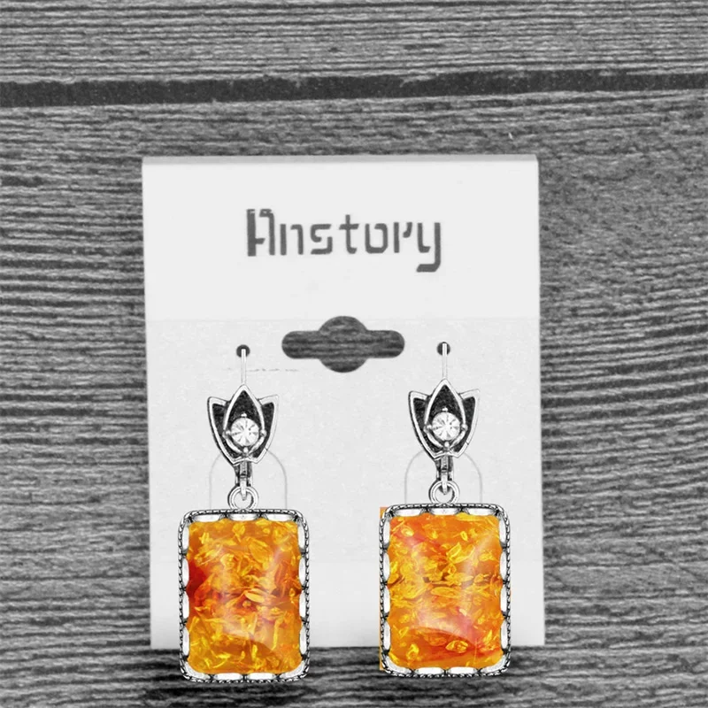 Oblong Synthetic Ambers Earrings For Women Antique Silver Plated Flower Square Pendant Vintage Earring