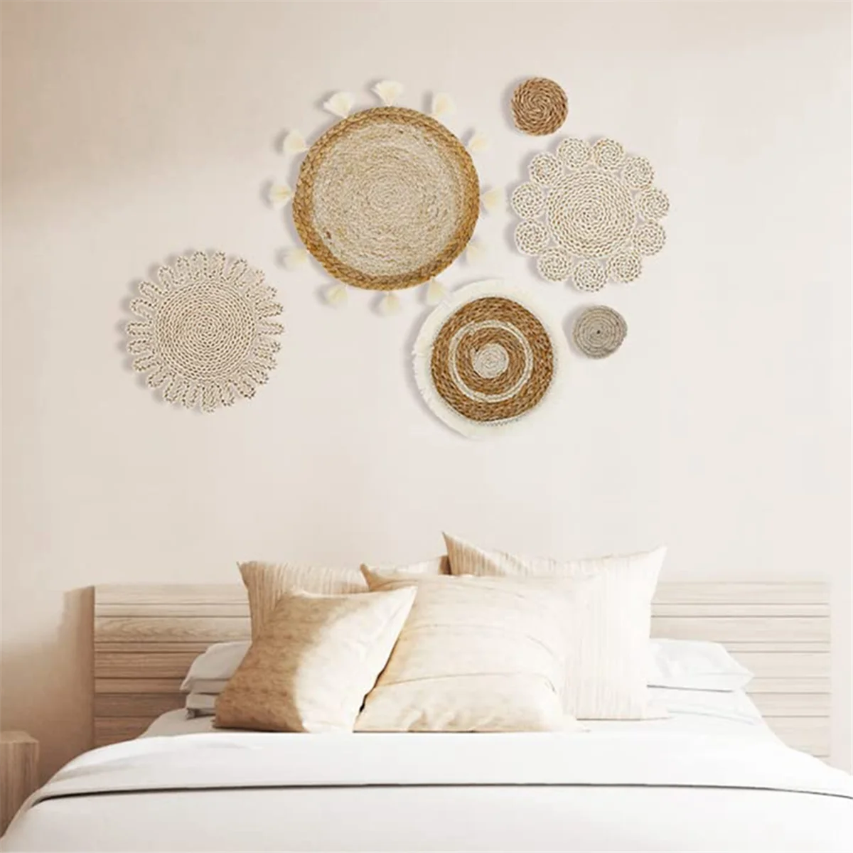 6 Stuks Boho Wandmand Decor Set Geweven Rotan Platte Manden Muur Opknoping Decor Handgemaakte Kwastjes Bloem Muur Manden Decor