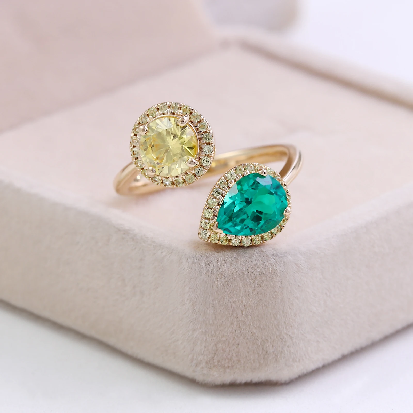 خواتم بروفانس toi et moi بلونين من الأحجار الكريمة للمختبر 10K خاتم هالة ذهبي صلب مفتوح الأطراف خاتم زفاف فاخر للنساء مخصص #2