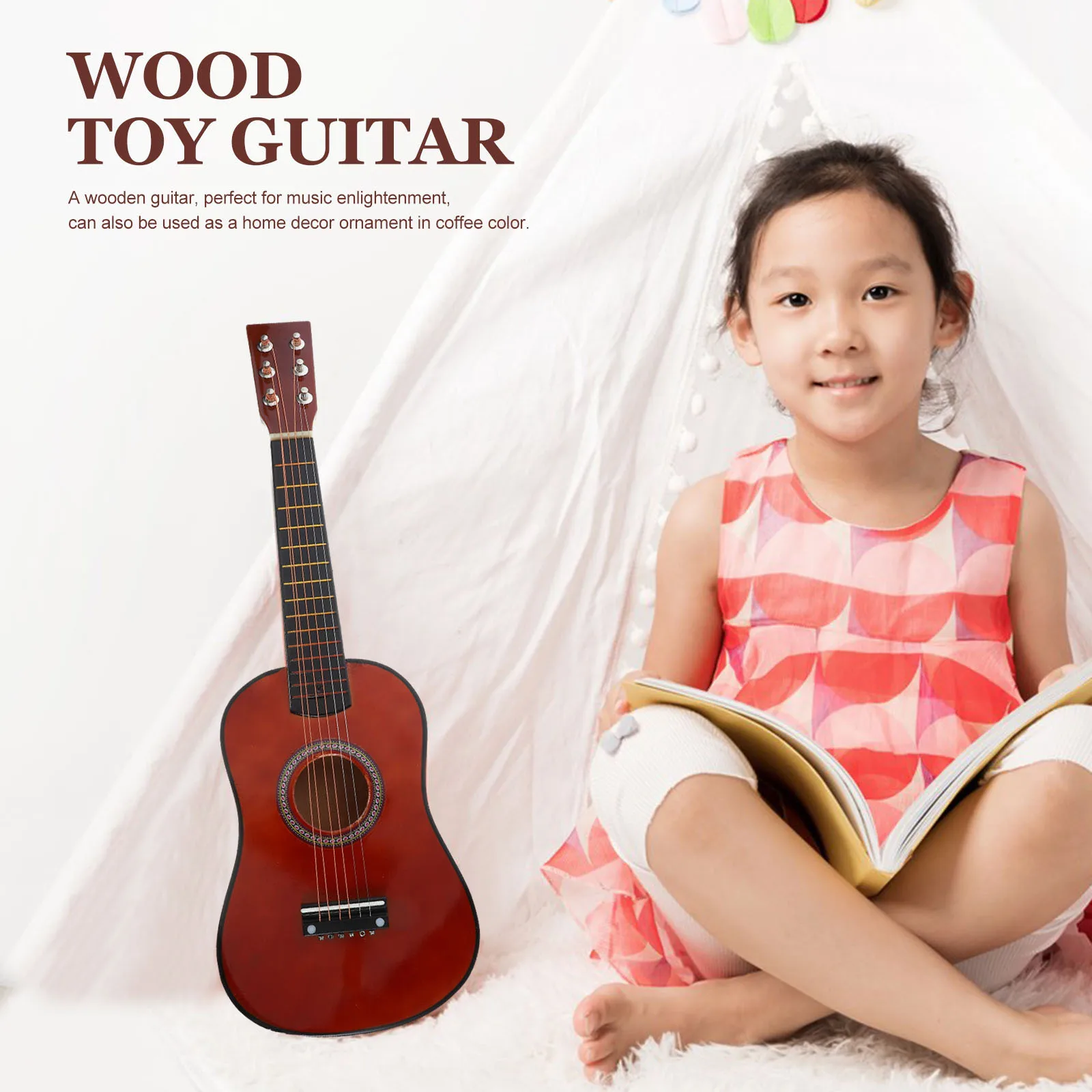 

23 Inch Children's Wooden Guitar Small Guitar for Kids Beginner Musical Instrument Practice Educational Instrument Coffee Color