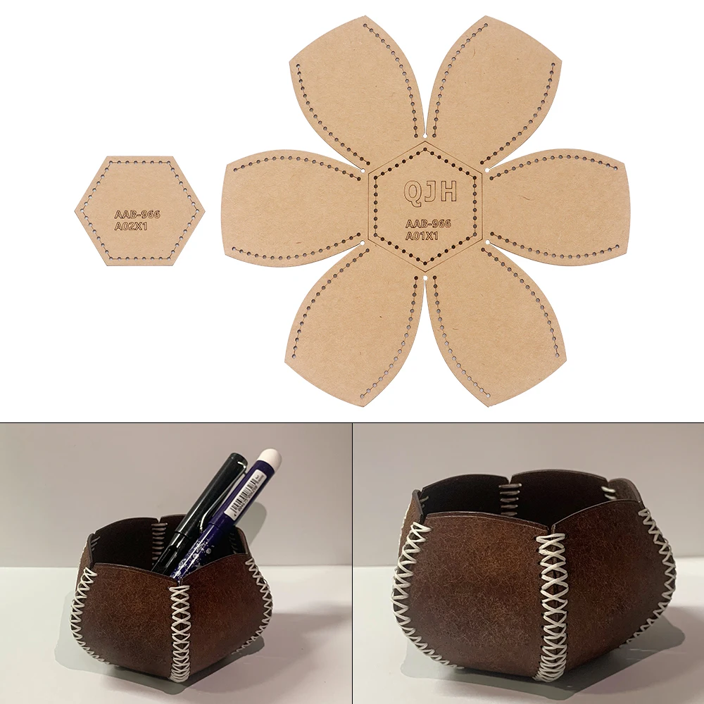 1Set Six-Sided Storage Trays for Pens, Hair Clips - Kraft Paper Template, DIY Leather Handmade Crafts - Sewing Template with Hol