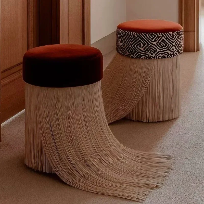 luxury Tassel Round Ottoman Stool Velvet Padded Top Geometric Jacquard Waist Decor Long Fringe Footrest Entryway Shoe Stool