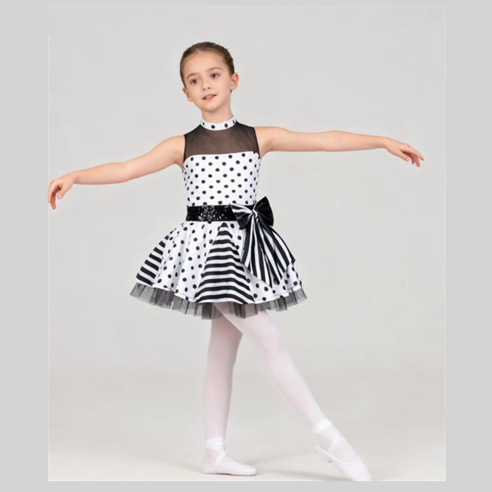 أطفال بنات الباليه الجاز اللاتينية أداء زي Dancewear منقطة طباعة شبكة الترتر Bowknot الخصر راقصة الباليه توتو فستان شبكي