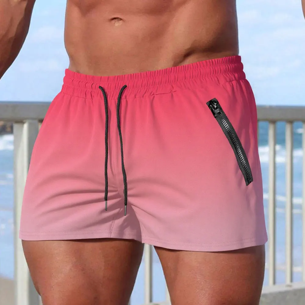 Men's 2Piece Soild Color Swim Shorts Summer Casual Beach Board Shorts For Men Quick Dry Running Fitness Gym Shorts Zipper Pocket