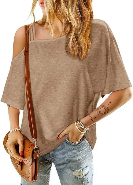 2025 camiseta de mujer de moda de verano de Color sólido nueva Casual cuello inclinado fuera del hombro desgaste suelto de manga corta Mujer ropa de calle camiseta