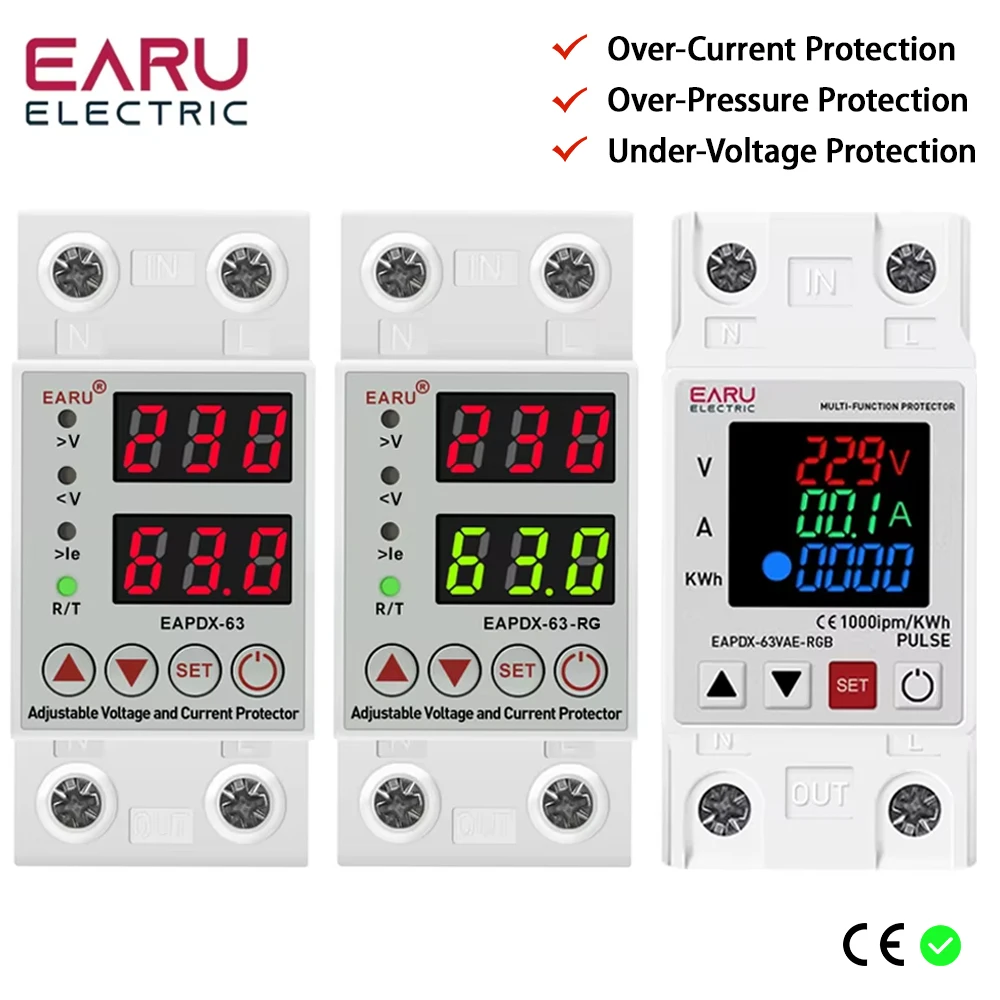 Din Rail Dual Display AC 40 63A 230V Adjustable Digital Over Under Voltage Relay Protective Device Limit Over Current Protection