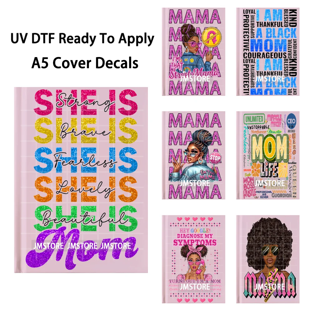 Powerful Black Afro Woman Mom Life UV DTF Notebook Cover Decals Ready To Apply Durable Transfer Stickers For A5 Journal Cover