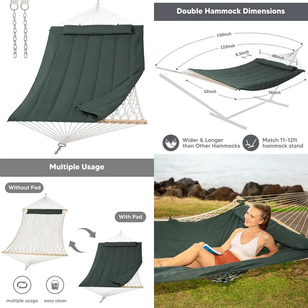 

Гамак для двоих на открытом воздухе с подушечкой, вместимость 475 фунтов, зеленый, серый, идеально подходит для отдыха на заднем дворе