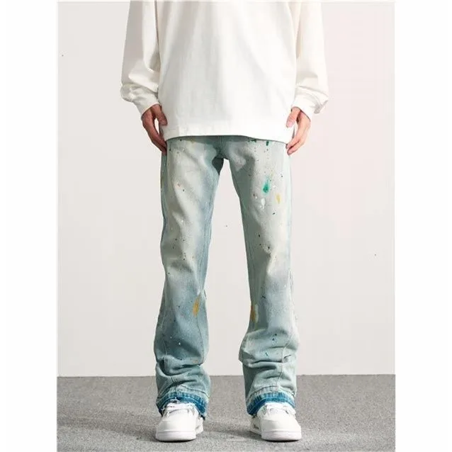 

Джинсы GOFB High Street Splaed Micro Flared: Модные прямые широкие джинсы в стиле ретро хип-хоп для мужчин, повседневные, молодежные