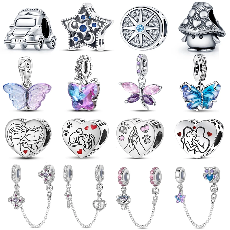 Charms 925 Sterling Silver Fluorescent Butterfly Colored Pendants Heart Shaped Beads Fits Pandora 925 Original Bracelet  Gifts