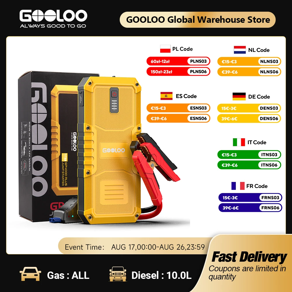 GOOLOO 20000mAh Auto-Starthilfe-Powerbank 4000A 12V Auto-Startgerät für Benzin- und Diesel-Fahrzeuge Batterieladegerät Auto-Booster