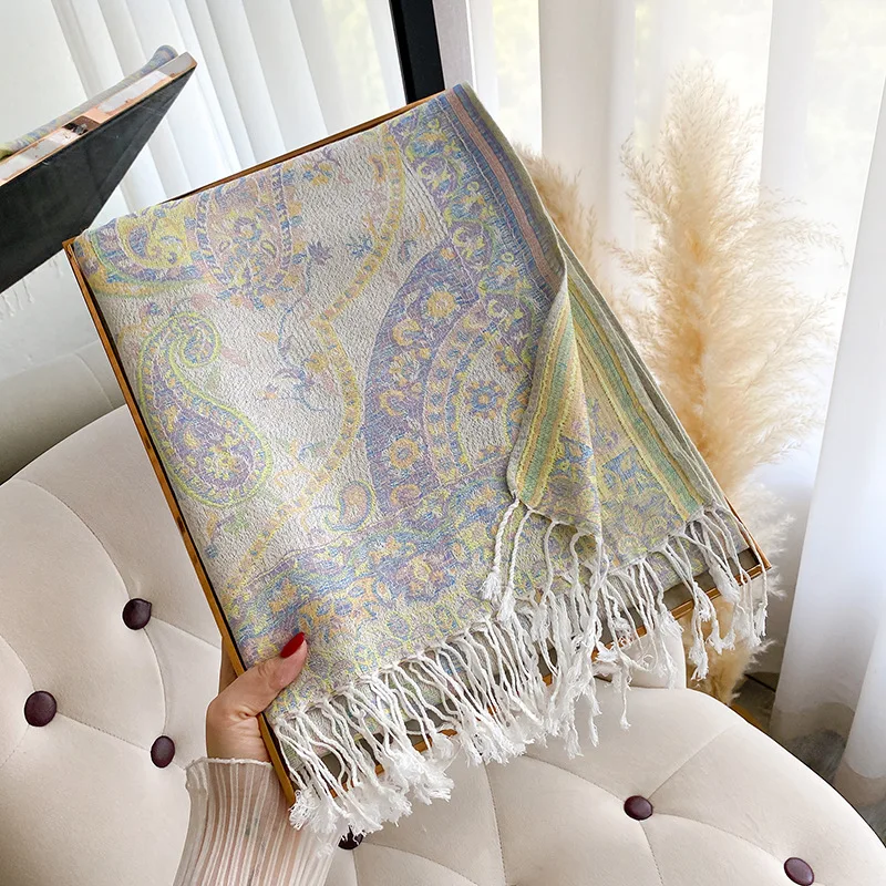 빈티지 여성용 겨울 인조 캐시미어 스카프 두꺼운 테슬 프린트 숄 랩 따뜻한 목도리 & 반다나 다용도 액세서리