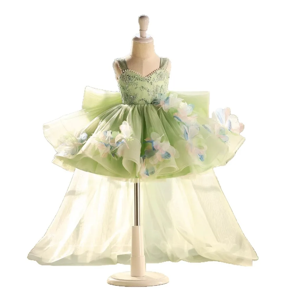 Green  Forest Style Girls Formal Dress, Kids Birthday Princess Gown Trailing Train Flower Girl Wedding Performance Dress