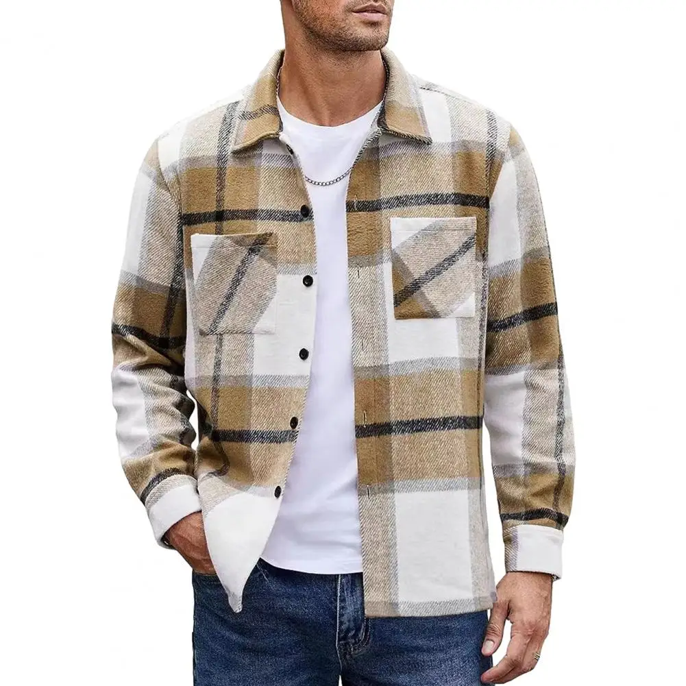 Lapel Long Sleeve Shirt Jacket Men Vintage Shirt Jacket Men\'s Plaid Print Shirt Coat Autumn Winter Lapel Long Sleeve Jacket