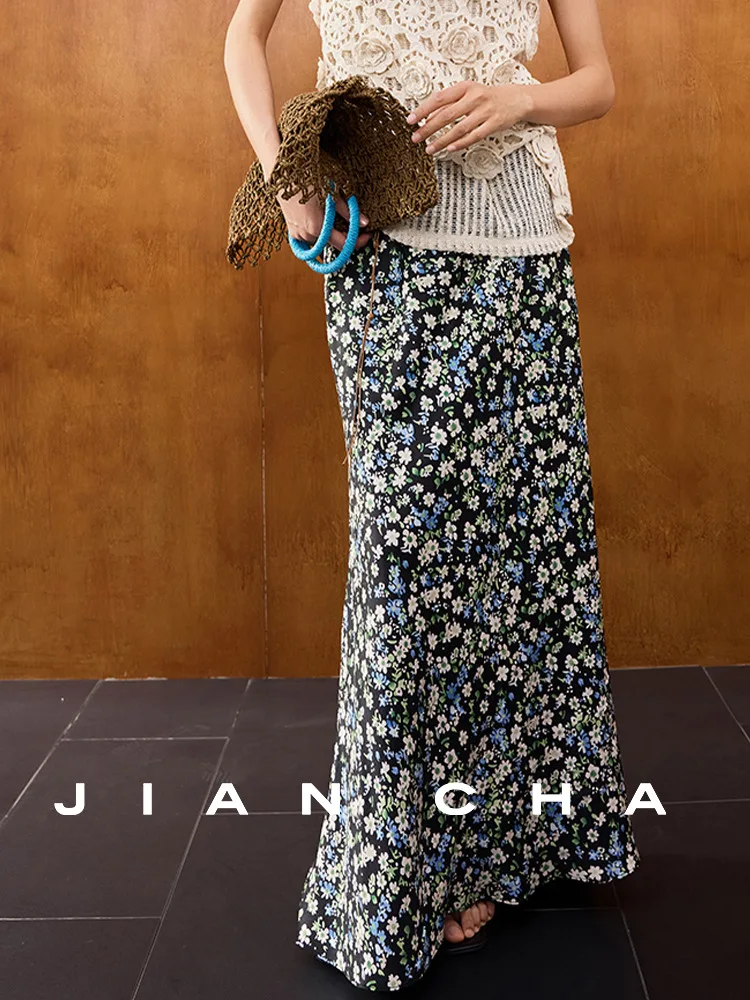 

Летняя юбка Jiancha с цветочным принтом, на эластичной талии, удлиненная, из охлаждающего полиэстера, для повседневной носки, с высокой талией, А-силуэт