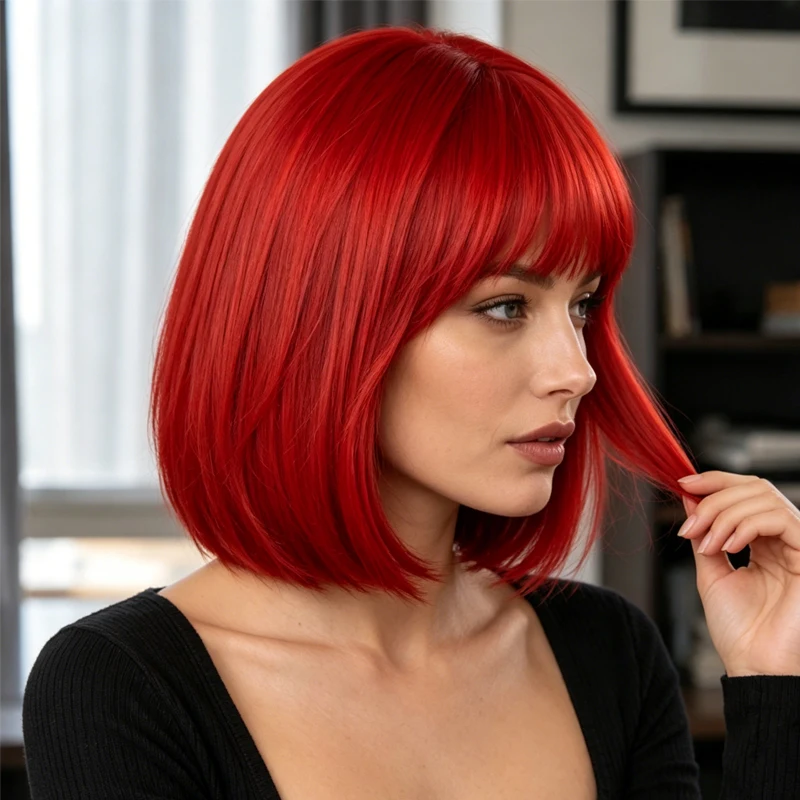 12-inch red bangs wig, women's synthetic material wig, music festival cosplay party look, fashionable, versatile, and smooth.