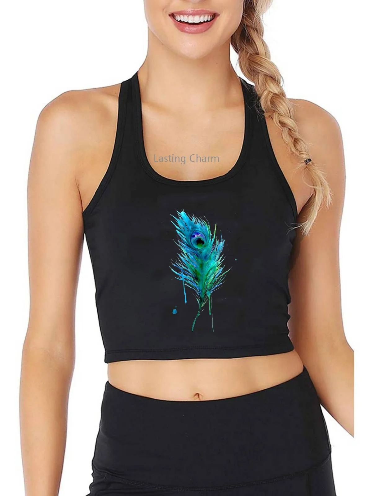 Green Feather Vintage Print Breathable Slim Fit Tank Top Women's Yoga Sports Workout Crop Tops Summer Casual Vest