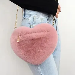 Heart Shaped Fluffy Shoulder Bag Fashion Chain Crossbody Bag Plush Handbag Cute Zipper Purse For Valentine's Day