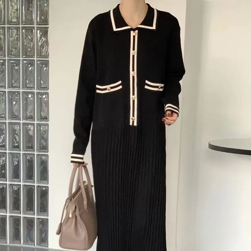 Korean Fashion Lapel Knitted Dress Women Autumn Winter Lapel Long Sleeve Casual Straight Pleated Sweater Long Dresses Vestidos