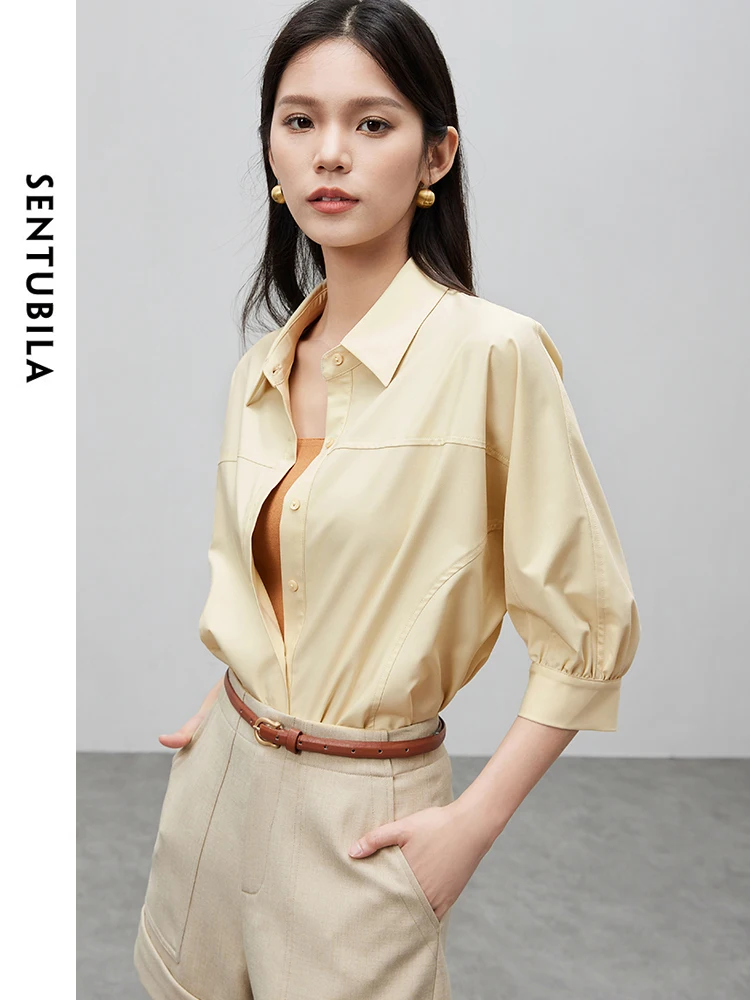 SENTUBILA Polo Collar Three Quarter Sleeve Woman Shirt 2024 Summer New Loose Commuter Professional Button Up Blouse 142C54547