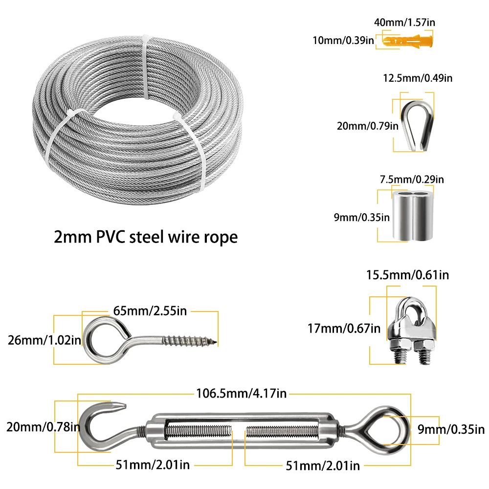 31 teile/satz Edelstahl Draht Seil Kit PVC Leitplanke Seil Camping Feste Camping Wäscheleine 2mm Kit 10/15/20M – Detail 1