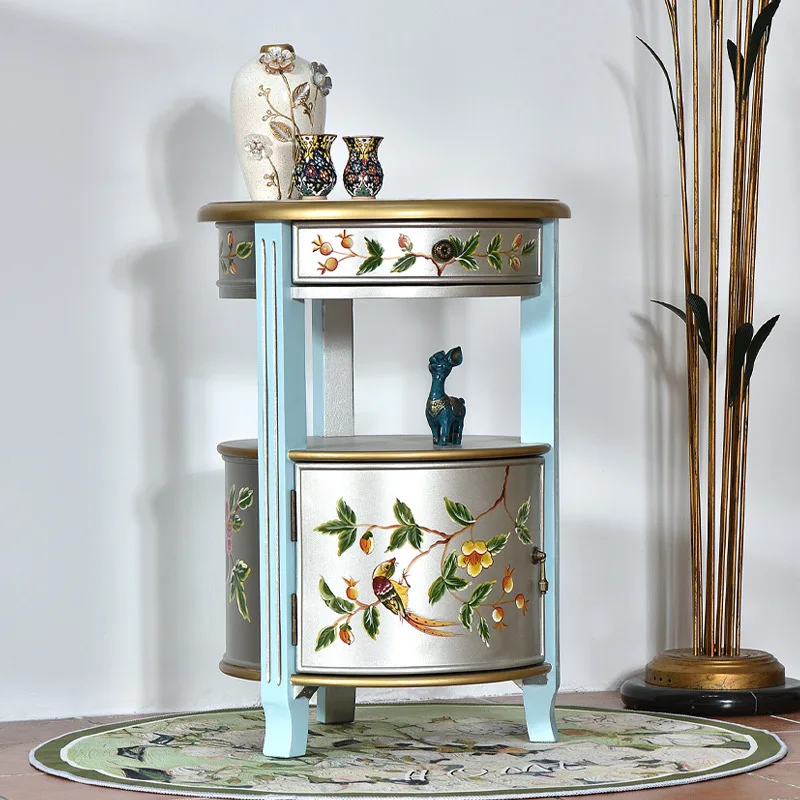 

American country side few solid wood living room retro old small round table small coffee table sofa side cabinet corner