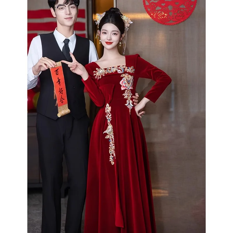 New 2024 Velvet Long Sleeve Wedding Dress for Bride Return Home Thank You Banquet Ceremony Elegant High Waist Floor Length