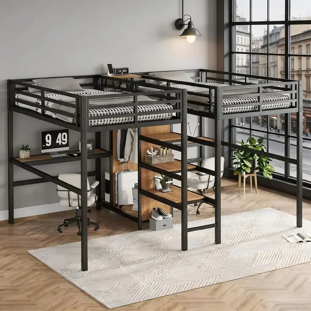 Twin Size Metal Loft Bed with Desk, Charging Station, Wardrobe, Storage, Easy Assembly, Black & Natural Wood