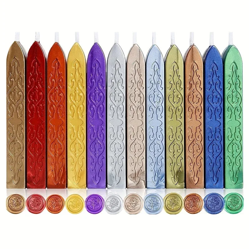 12pcs/bag Metallic Mixed Color Sealing Wax Sticks with Wicks for Wax Seal Stamp,for Wedding Invitations, Letter Envelopes