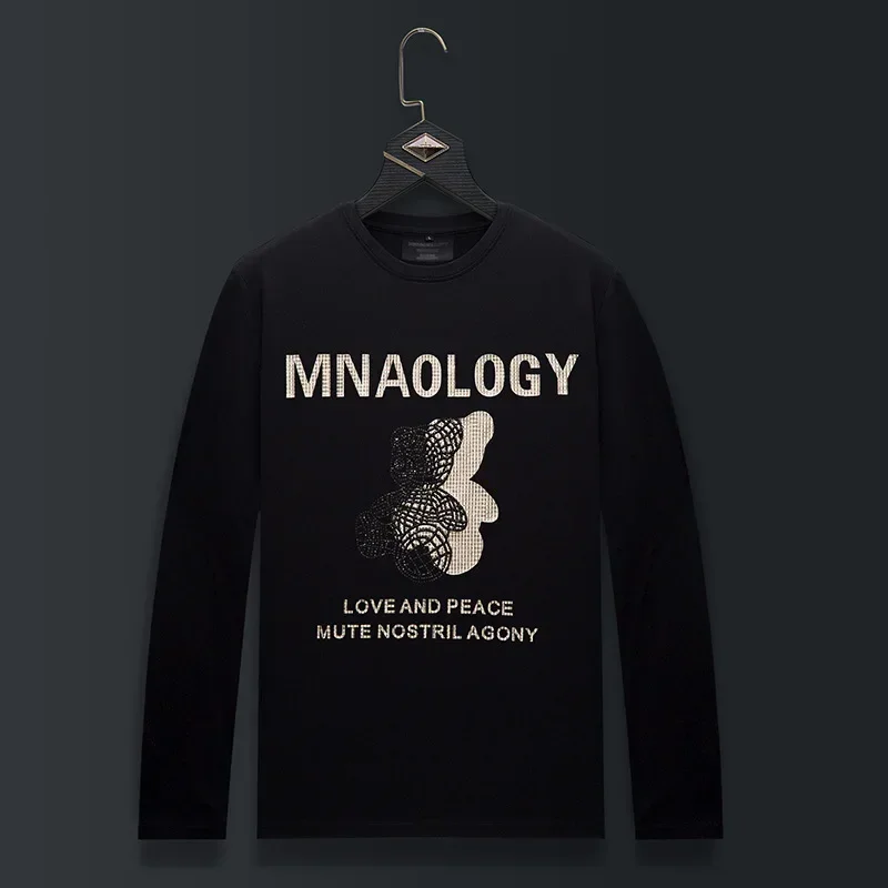 

Футболки больших размеров со стразами, мужская одежда, модная уличная одежда, футболки из мерсеризованного хлопка с рисунком медведя и круглым вырезом, длинными рукавами