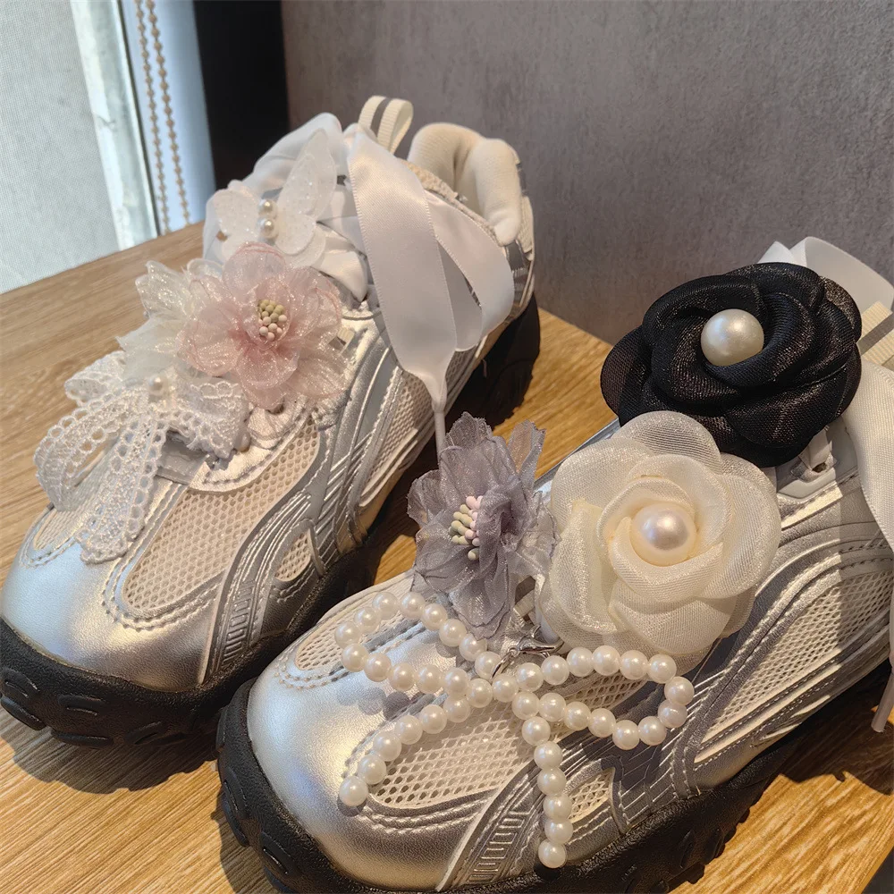 Shoe Charms Tulle Flower Organza Fairy Faux Pearl Lace Bow Ballet Decoration Women Lightweight Multicolor Small