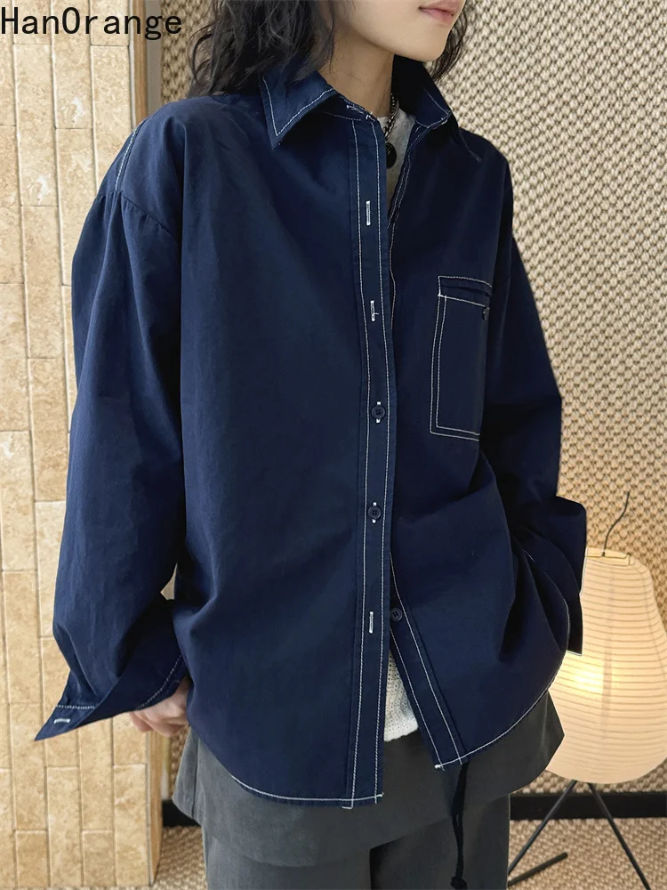 

Рубашка HanOrange 2026 весна-осень, рабочая одежда, с яркими нитями, пуговицами, имитацией ковбойского стиля, женская, с большими карманами, свободный крой, темно-синяя
