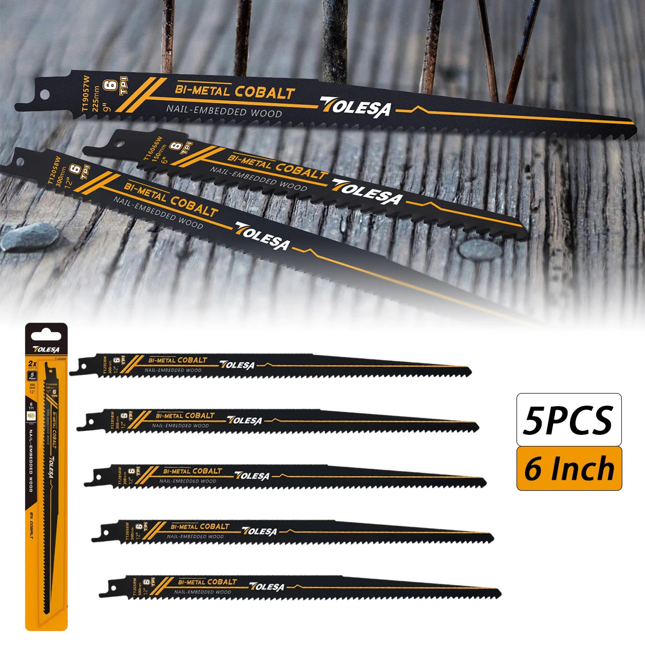 

TOLESA 5PCS Reciprocating Saw Blades for Wood Window Door Demolition and Construction Bi-Metal with Cobalt Sharp Cutting 6TPI