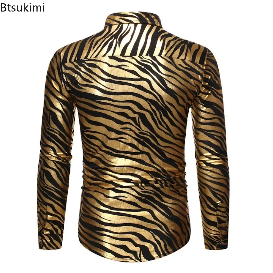 New 2024 Men's Metallic Gold Zebra Print Disco Shirt with Long Sleeve Slim Fit Men Dress Shirts Party Prom Stage Chemise Shirts