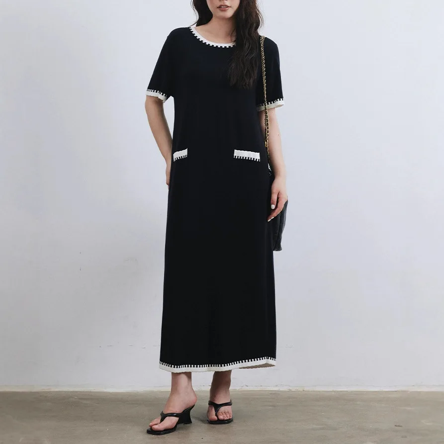 8144 Fragancia de alta sociedad de estilo francés, Tencel perezoso suelto, cuello redondo, bloque de Color blanco y negro, diseño de bolsillo falso, recto y largo