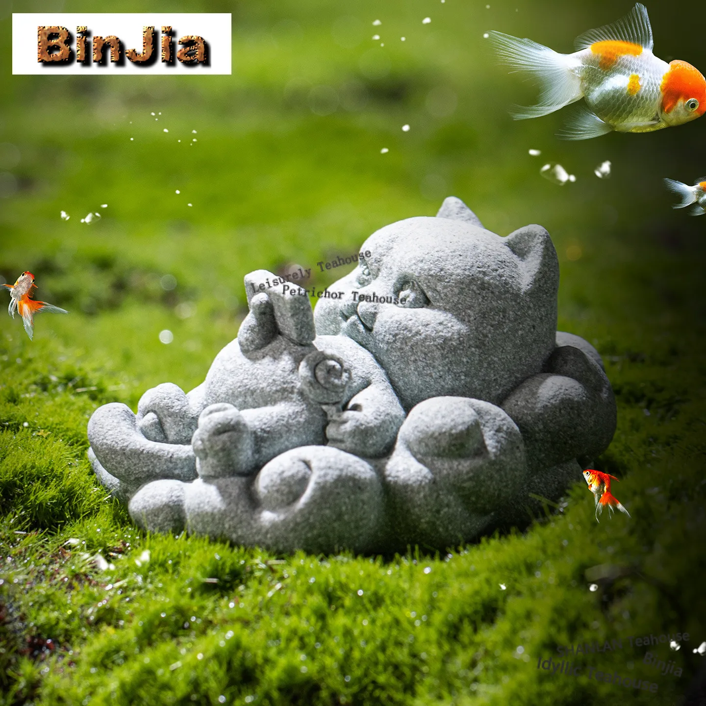 Green Sandstone Cute Cat Tea Pet Antique Fish Tank Landscaping Tea Figurine Play Toys Tea Statue Ornaments Supplies Craft Gifts