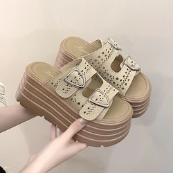 8CM Summer Women Hollow Out Beach Slippers New Ladies Wedge Heels Leather Flip-Flops Woman High Platform Outside Sandals 2024